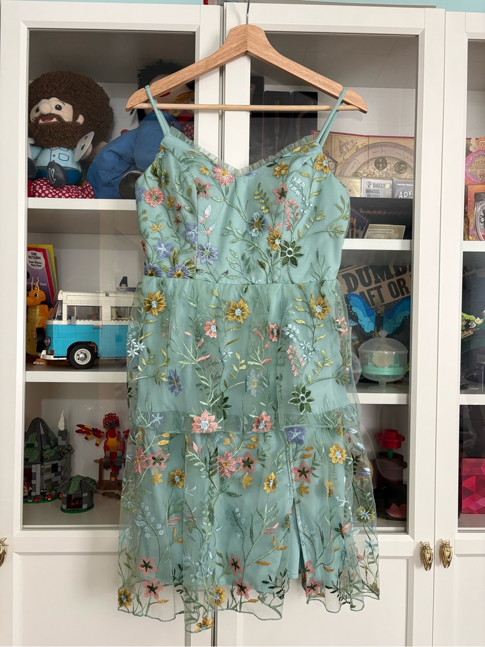 Floral Embroidered Sage Green Tiered Tulle Dress